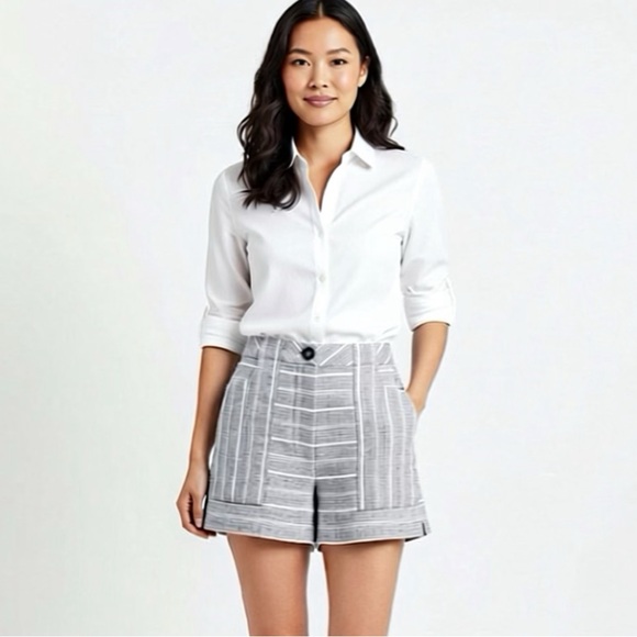 INTERMIX Pants - INTERMIX High Waist Contrasting Striped Shorts, grey, cotton blend, pockets, S